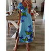 european and american foreign trade new style butterfly print short-sleeved round neck split women