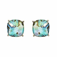 faceted jewel statement stud earrings - sparkly cushion cut,  sequin confetti glitter square,  opalescent faux mother of pearl oval round,  animal leopard teardrop (cushion square - opalescent blue)