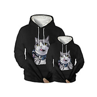 Family Look Active Cat Graphic Optical Illusion Animal Print Long Sleeve Regular Hoodie Sweatshirt Black
