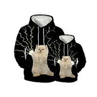 Family Look Active Cat Graphic Optical Illusion Animal Print Long Sleeve Regular Hoodie Sweatshirt Black