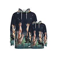 Family Look Active Cat Graphic Optical Illusion Animal Print Long Sleeve Regular Hoodie Sweatshirt Light Blue