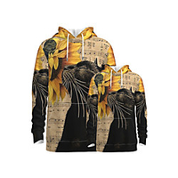 Family Look Active Cat Graphic Optical Illusion Animal Print Long Sleeve Regular Hoodie Sweatshirt Yellow