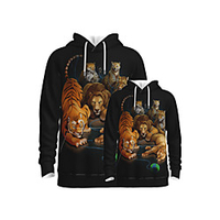 Family Look Active Tiger Lion Graphic Optical Illusion Animal Print Long Sleeve Regular Hoodie Sweatshirt Black