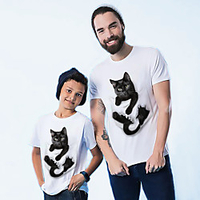 Family Look White Summer Active Print Cat Graphic Animal Short Sleeve Tee / Kids miniinthebox