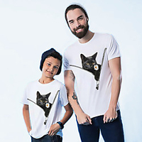 Family Look White Summer Active Print Cat Graphic Animal Short Sleeve Tee / Kids miniinthebox
