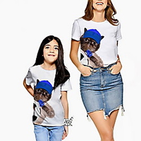 Family Look White Summer Active Print Cat Graphic Animal Short Sleeve Tee / Kids miniinthebox