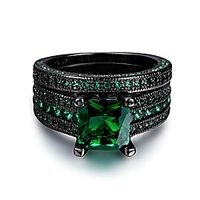 fashion jewelry black gold plated green or blue cz eternity band ring set for her and him (black gold-green,  10)