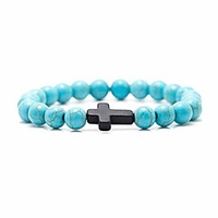 fashion religious cross bracelet 8mm tiger eye turquoise beads elastic bracelet, 7 1/2 wrist