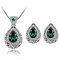 Fashion Waterdrop Crystal Jewelry,  Retro Vintage Celtic Knot Waterdrop Green Gemstone Water Drop Pendant Necklace Stud Earrings Jewelry Set for Women Mother Bridal Wedding (Green)