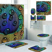 Feather Drop Printed Bathtub Curtain Liner Covered With Waterproof Fabric Shower Curtain For Bathroom Home Decoration With Hook Floor Mat And Four-piece Toilet Mat