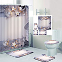 Five-Pointed Star Pearl Shower Curtain Floor Mat Digital Printing Four-Piece Set Hooks Modern Polyester New Design