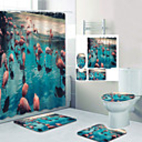 Flamingo Flock By The River Digital Printing Four-piece Set Shower Curtains and Hooks Modern Polyester Machine Made Waterproof Bathroom