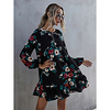 foreign trade amazon new product neckline cross tie puff sleeve printed ruffle cross-border autumn and winter dress female miniinthebox