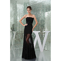 Formal Evening Dress - Black Petite A-line Strapless Floor-length Lace / Tulle