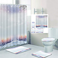 Four Pieces Of Digital Printing Shower Curtains Hooks Modern Polyester Machine Made Waterproof Bathroom