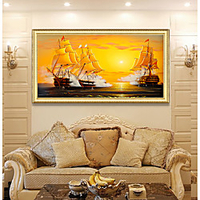 Framed Art Print Elegant Design Antique Golden Wood Framed Canvas Sailboat Seascape Smooth Sailing PS Oil Painting Wall Art