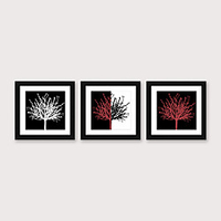 Framed Art Print Framed Set 3 - Abstract Black And White Red Flowers PS Illustration Wall Art Ready To Hang