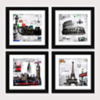 Framed Art Print Framed Set4 - European And American Style Black And White Architecture Scenic PS Illustration Wall Art
