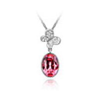 Fuchsia Shining Crystal And Platinum Plated Alloy Oval Pendant Necklace