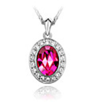 Fuchsia Shining Crystal And Platinum Plated Alloy Oval Pendant Necklace