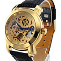 Full Automatic Mechnical Black Leather Band Wrist Watch with Golden Hollowed Patterned Dial