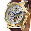 Full Automatic Mechnical Brown Leather Band Wrist Watch with Silver Hollowed Patterned Dial
