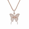 fully iced out lab diamond butterfly chain pendant necklace for women 14k real gold plated birthday gifts (rope rose gold)