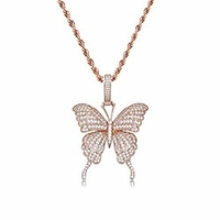 fully iced out lab diamond butterfly chain pendant necklace for women 14k real gold plated birthday gifts (rope rose gold)