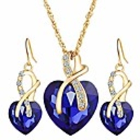 gift! gold plated necklace sets for women crystal heart necklace earrings jewellery set bridal wedding accessories (blue)