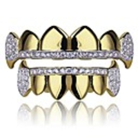 gold hip hop teeth grillz micro pave cubic zircon topamp;bottom vampire fangs teeth grills set holleween gift men women (yellow gold)