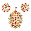 Gold Plated Wintersweet Inserted Red Zircon Earring and Pendant Jewelry Set