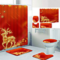 Golden Star Elk Digital Printing Four-piece Set Shower Curtains and Hooks Modern Polyester Machine Made Waterproof Bathroom