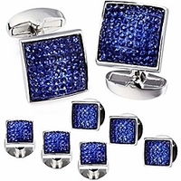 graceful square blue crystal man tuxedo cufflinks shirt studs (blue)
