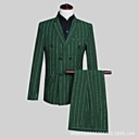 Gray / Dark Green Striped Tailored Fit Polyster Suit - Notch Single Breasted Four-buttons