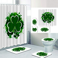 Green Clover On White Digital Printing Four-piece Set Shower Curtains and Hooks Modern Polyester Machine Made Waterproof Bathroom