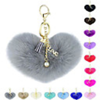 grey pom pom keychain with fluffy fur ball charm - key ring for women
