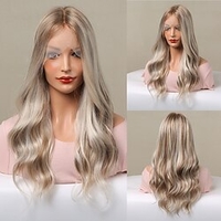 HAIRCUBE Ombre Brown/Auburn/Golden 24 inch Lace Front Wig Long Natural Wavy 1341 T Part Kanekalon Lace Wig With Baby Hair for Woman 180% Density miniinthebox