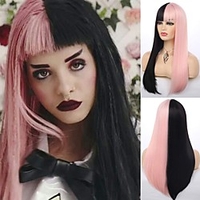Half Black Half Pink Wig Long Straight Wig with Bangs Synthetic Hair Wigs for Women Girls Cosplay Halloween Party Wig miniinthebox