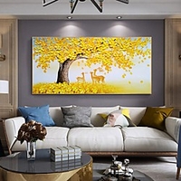 Handmade Oil Painting Canvas Wall Art Decoration Abstract Landscape Painting Deer Under The Golden Tree for Home Decor Rolled Frameless Unstretched Painting miniinthebox
