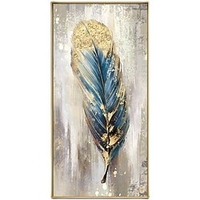 Handmade Oil Painting Canvas Wall Art Decoration Blue and Golden Feather for Home Decor Stretched Frame Hanging Painting 6090cm/70100cm miniinthebox