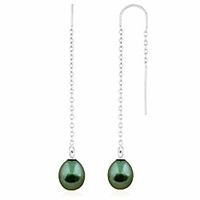 handpicked aa quality cultured freshwater 8mm pearls threader earrings 925 sterling silver dangle drop style (green)