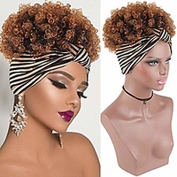 Headband wig afro high puff hair bun ponytail with soft calico pattern headband head-wrap wigs for black women,  afro kinky curly wig with headband attached ponytail wigs for black women(1b/30) miniinthebox