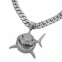 hip hop white gold 6ix9ine iced large shark pendant amp; 16 ~ 30 iced cuban chain bling necklace (pendant amp; 20 chain)