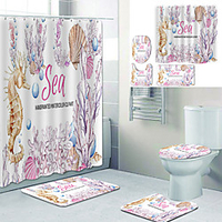 Hippocampus Printed Bathtub Curtain Liner Covered With Waterproof Fabric Shower Curtain For Bathroom Home Decoration With Hook Floor Mat And Four-piece Toilet Mat
