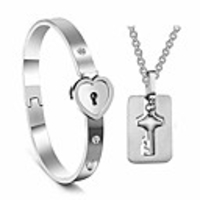 his and hers matching set,  titanium key pendants necklace heart bangle bracelet prevent allergyamp;fade couples lock jewelry sets for valentines birthday gifts silver