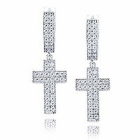 iced out 14k gold plated dangle cross huggie hinged hoop earrings for men women 2 rows cz style fashion jewelry gifts (white gold)
