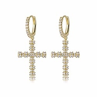 iced out 14k gold plated dangle cross node hinged hoop earrings for men women cz style fashion jewelry gift (gold)