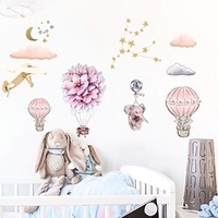 INK ROMANTIC PINK Flowers Hot Air Balloon Living Room Background Decoration Can Be Removed Paste miniinthebox