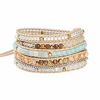 iuniqueen boho handmade 5 wraps wrist stone crystal beaded stainless stell box chian bracelet jewelry for women and men (indian agateamp;green crystal)