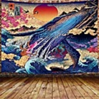 japanese whale cool decor tapestry for men,  sun the great wave trippy anime large tapestry wall hanging for bedroom,  ukiyo-e ocean hippie home tapestry (80 w x 60 h)